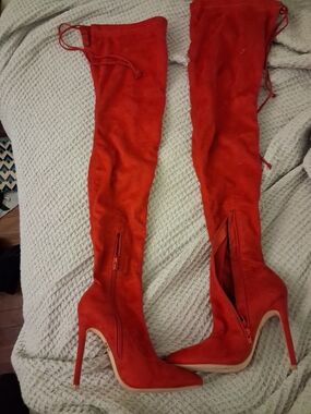 Women's Red Over-the-Knee Stiletto Boots - Suede Look